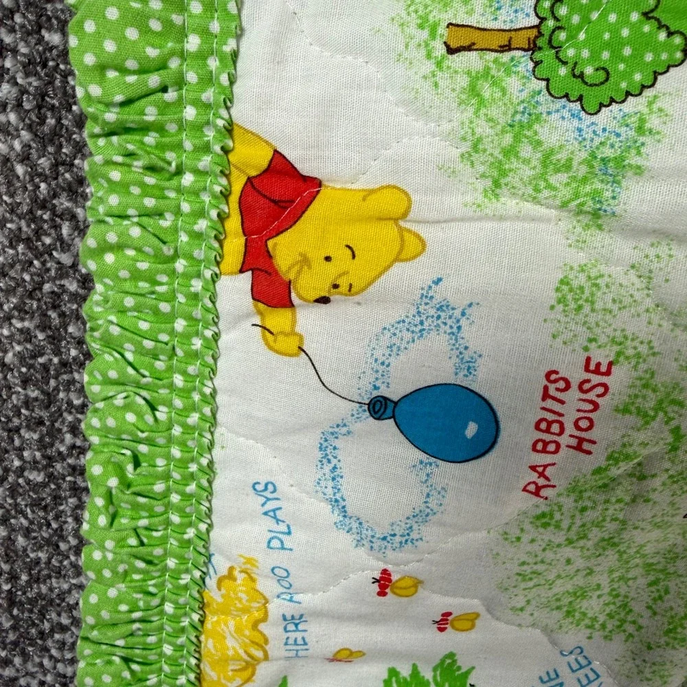 Sears Winnie the Pooh Quilted Baby Blanket 34x43 Green Vintage Ruffle Polka Dot